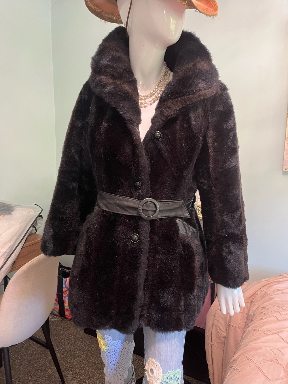Women's Black Faux Fur Teddy Jacket with Belted Waist